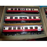 Trains: a set of three Ace Trains '0' gauge tinplate corridor coaches, BR C/5, Set B, Master Cutler,