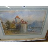 G.S. Plummer, watercolour, 'Chillon', boats on an Alpine lake with a castle, inscribed, signed and