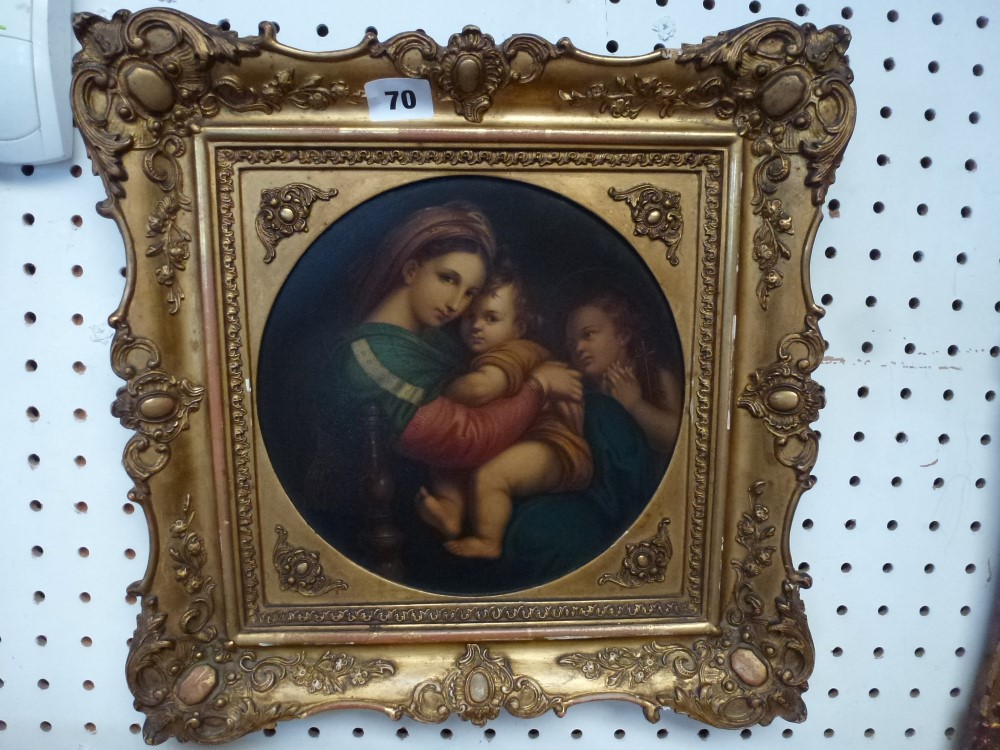 After Raphael, oils on metal, 'Madonna della sedia' (22.5 cm diameter), shaped foliate gilt