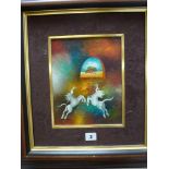 Ganos Mecaris (?), oil on canvas, a pair of playful unicorns below a window open to a landscape,