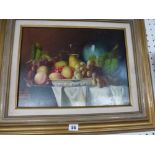 Daumier (?), oils on canvas, still life with fruit in a blue and white bowl and a flagon, signed (29