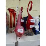 A collection of Murano glass comprising of two red swans, a pink dolphin and two vases [s61] TO