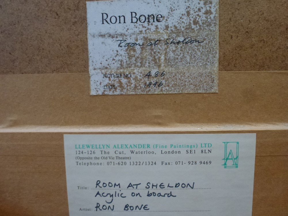 Rone Bone, acrylic on board, 'Room at Sheldon', signed, 1996 (43 x 32.5 cm), framed, reverse with - Image 2 of 2