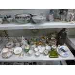 A shelf of ceramics and glassware, 19th century and later, including a Canton famille rose teapot