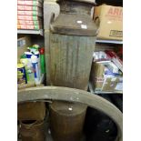 Three vintage milk churns, an old petrol can, a large oak frame and a bag containing decoy pigeons