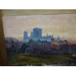 T. Guy, watercolour, sunset over farm buildings and a cathedral city, signed (50 x 68 cm) framed. WE