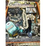 A tray of decorative costume jewellery, all probably late 20th century, including bead and other