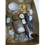 A silver cigarette case with floral etched decoration, wrist watches, a diamante butterfly brooch,