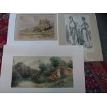 Various unframed watercolours, including H.H. Richardson, Harlech Castle, W. Foster, The Young