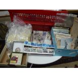 An interesting lot including a red plastic box of ephemera including scrap album cut-outs, cartes de