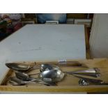 Georgian London silver cutlery, comprising two Old English pattern basting spoons, three