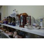 Two shelves of mixed china and glass including Wedgwood Jasperware pin dishes, candlestick,