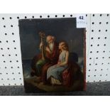 An early 19th century school narrative, oils on metal laid to panel, an elderly harpist and a