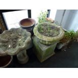 A figural stone birdbath, a stoneware circular planter on square stand plus four further planters.