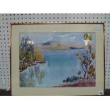 A small mixed lot comprising a Continental school watercolour of a lake scene, a coloured print
