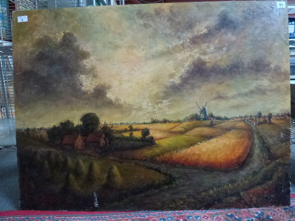 Arthur Deltour, oils on board, a windmill in a landscape, signed and dated '73 (with biographical