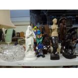 Two Murano glass clowns, an Eastern copper and white metal coffee pot, two heavy glass bowls, a
