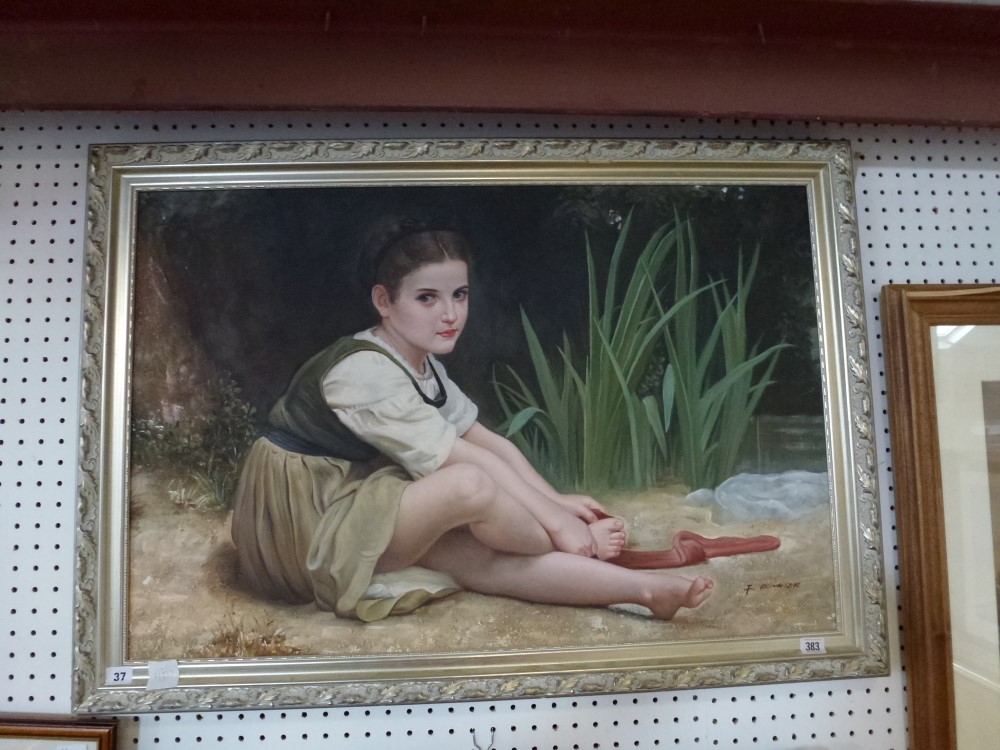 F. Rougier, oils on canvas, a girl drying her feet by a brook, signed (59 x 89 cm) framed. WE DO NOT