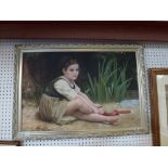 F. Rougier, oils on canvas, a girl drying her feet by a brook, signed (59 x 89 cm) framed. WE DO NOT