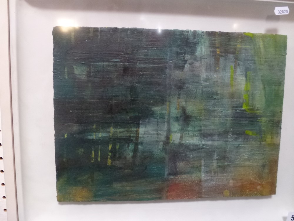 Heather Libson, oils, untitled abstract in blues and greens (28 x 38 cm), the reverse inscribed '
