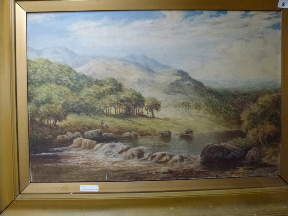 H. Bryan, oils on canvas, figures by a river in a landscape, signed (50 x 76 cm), gilt frame. WE