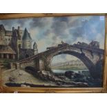 G Schroter, an oils on canvas returning from the fields across the old arched bridge, signed (60 x