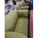 A well-shaped three-piece suite comprising a settee and two chairs in need of reupholstery. WE DO