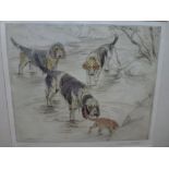 G. Vernon Stokes, a limited edition coloured drypoint etching (37/75) of hounds and a terrier in a