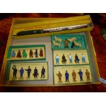 Boxed Dinky model figures for model railways including No. 1 Station Staff, No. 3 Passengers, No.