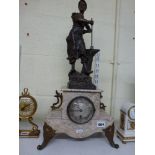 An impressive early 20th century French mantel timepiece in marble and bronzed spelter, surmounted