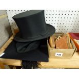 A black silk collapsing top hat with Gibus 28 Chandos Street, London label, a mortar board, and a