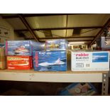 A shelf of model boats kits, components and accessories, six boxes containing boat kits (or part