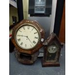 Two clocks in need of repair comprising of a Regency drop-dial wall clock with brass inlay and an