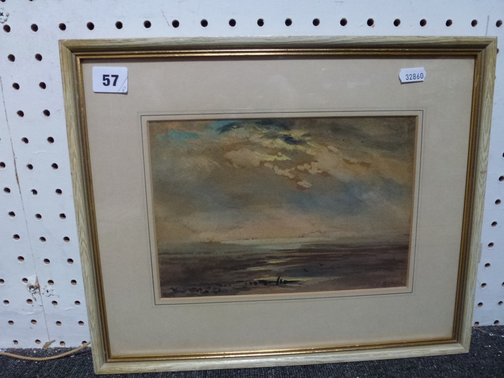 Three various framed watercolours and pastels including sunrise over the sea, a working Asian