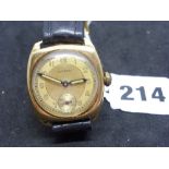 A vintage Cyma 9 ct gold gentleman's wrist watch, of rounded square form, with subsidiary seconds,