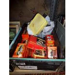 A crate of Hornby 00 gauge locomotives, rolling stock, buildings and track [upstairs shelves] WE