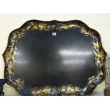 An early 19th century paper-mache tea tray with floral border in two-tone gilding, 31.5 in [A] WE DO