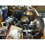 A carton of silver-plated and other items, including a candelabrum, tea wares, condiments, etc. WE