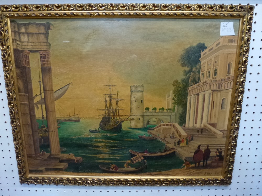 J. May, oils on board, Romantic neoclassical harbour scene and another, also on board, of a - Image 2 of 2