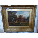 Attributed to David Cox, an oils on canvas of children playing outside Harborne Church, signed (30 x