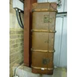 An old cabin trunk with bentwood straps and metal mounts. WE DO NOT TAKE CREDIT CARDS OR CASH.