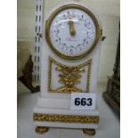 A charming small French mantel timepiece in Louis XVI style, circa 1900, of arched form in white