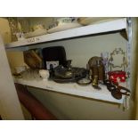 Two shelves of mixed items including three Royal Leighton soup plates, blue and white decorative