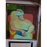 After Picasso, oils on canvas, portrait of a seated woman, bears signature (108 x 96 cm), framed. WE