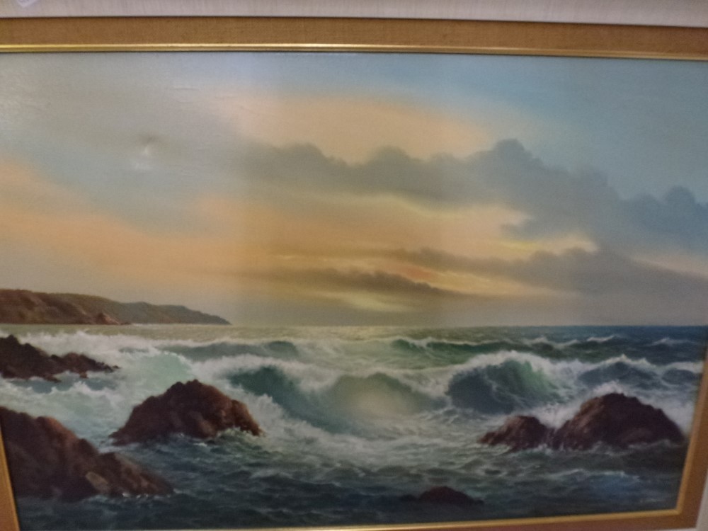 J. Stewart, oils on canvas, waves breaking on rocks, signed, and S. Marla, oils on canvas, figure on