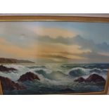 J. Stewart, oils on canvas, waves breaking on rocks, signed, and S. Marla, oils on canvas, figure on