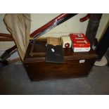 A mixed lot including a dark oak box with hinged lid, a set of four Lady's wood and steel vintage