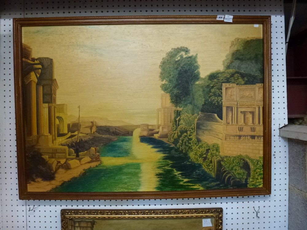 J. May, oils on board, Romantic neoclassical harbour scene and another, also on board, of a