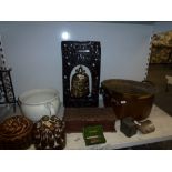A carved hardwood table gong with brass bell, a carved wooden box, a large copper jam pan and