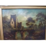 A 19th century oils on canvas, a ruined abbey and a bridge by moonlight, indistinctly signed (45 x